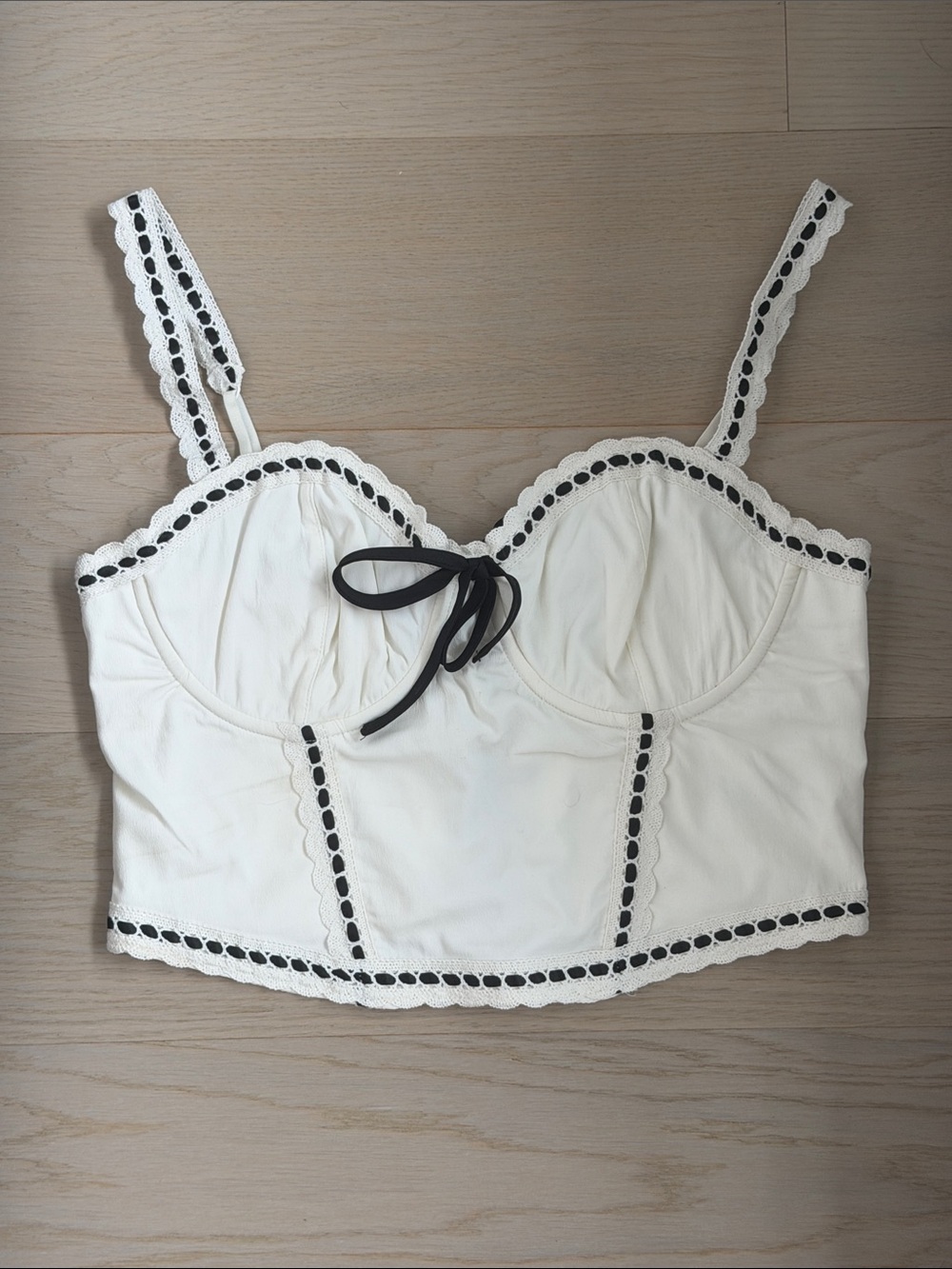 Garage White Cropped Lace-Trim Bustier Tank with Black Contrast Bow